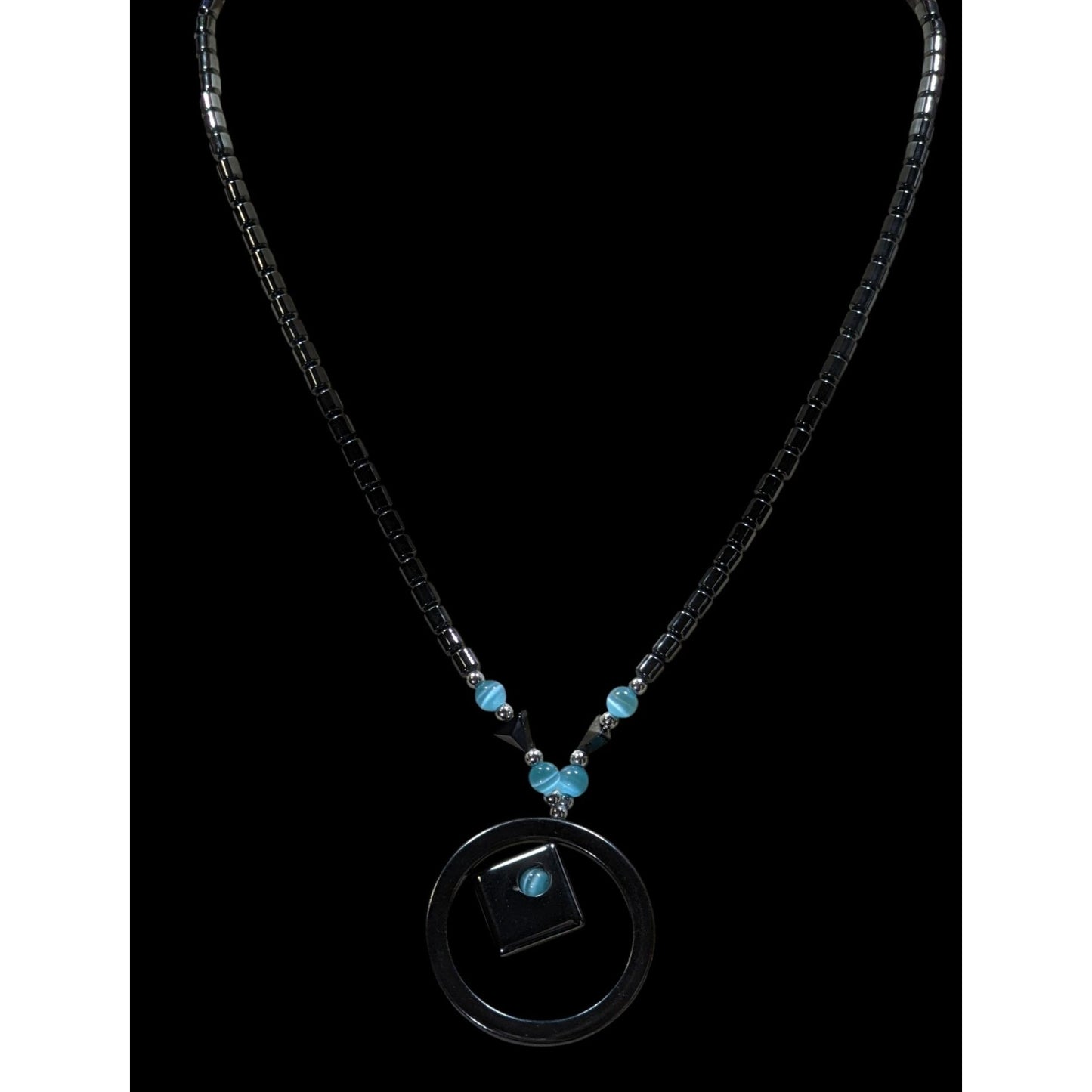 Hematite Geometric Beaded Pendant Necklace With Blue Cateye Glass Accents