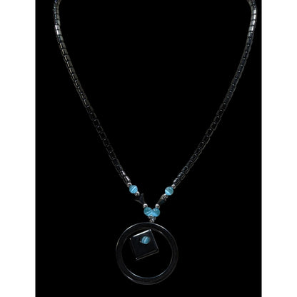 Hematite Geometric Beaded Pendant Necklace With Blue Cateye Glass Accents