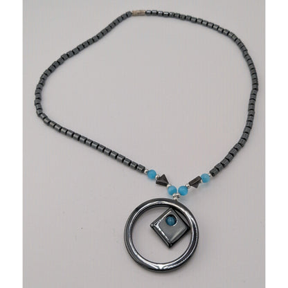 Hematite Geometric Beaded Pendant Necklace With Blue Cateye Glass Accents
