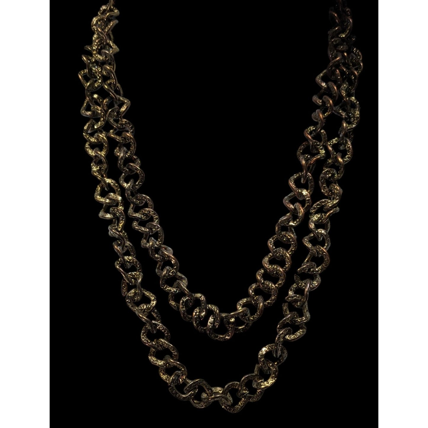 Vintage Textured Bronze Chain Necklace Double Layered Antique Finish