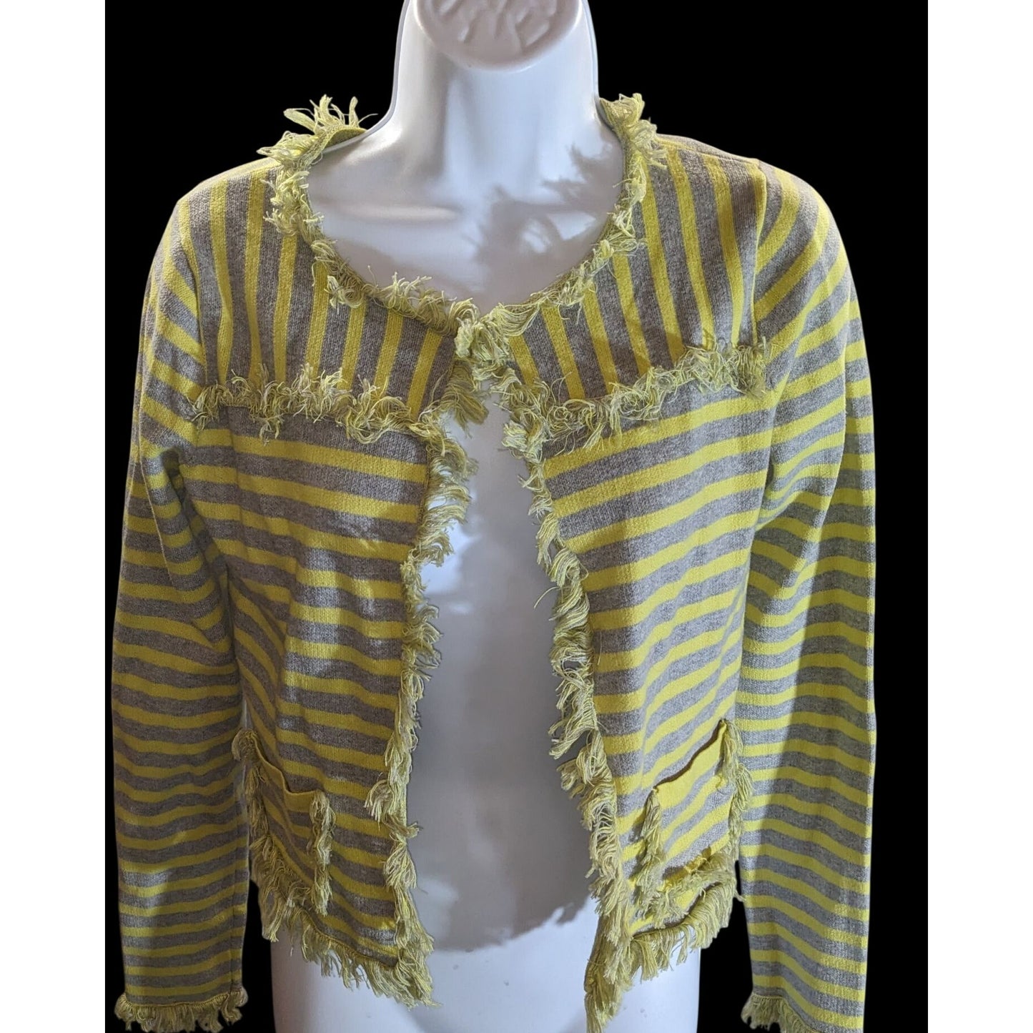 Avec Striped Fringe Cardigan Yellow Grey Retro Distressed Streetwear