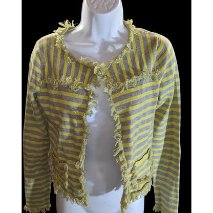 Avec Striped Fringe Cardigan Yellow Grey Retro Distressed Streetwear