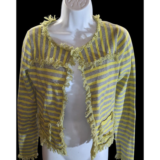Avec Striped Fringe Cardigan Yellow Grey Retro Distressed Streetwear