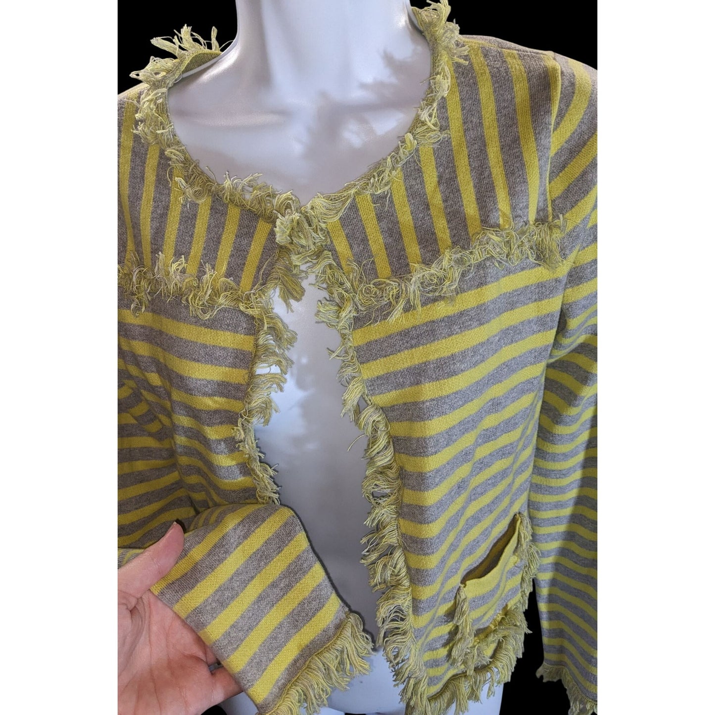 Avec Striped Fringe Cardigan Yellow Grey Retro Distressed Streetwear