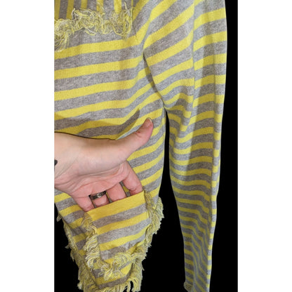 Avec Striped Fringe Cardigan Yellow Grey Retro Distressed Streetwear