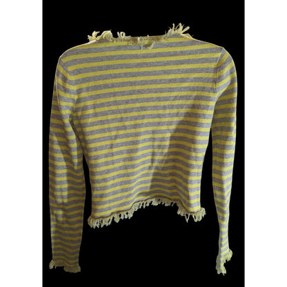 Avec Striped Fringe Cardigan Yellow Grey Retro Distressed Streetwear