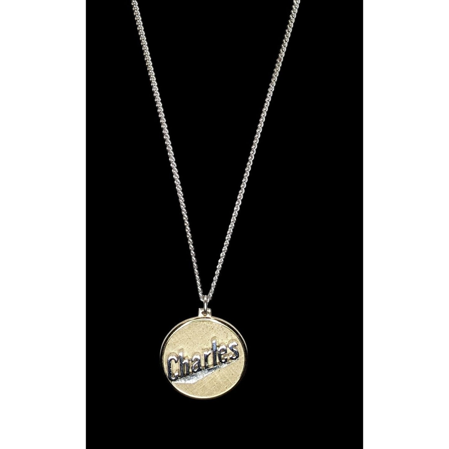 Vintage 1980s Swank Gold-Tone Nameplate Pendant Necklace "Charles" 24"