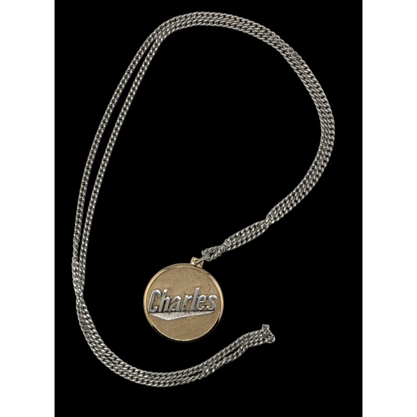 Vintage 1980s Swank Gold-Tone Nameplate Pendant Necklace "Charles" 24"