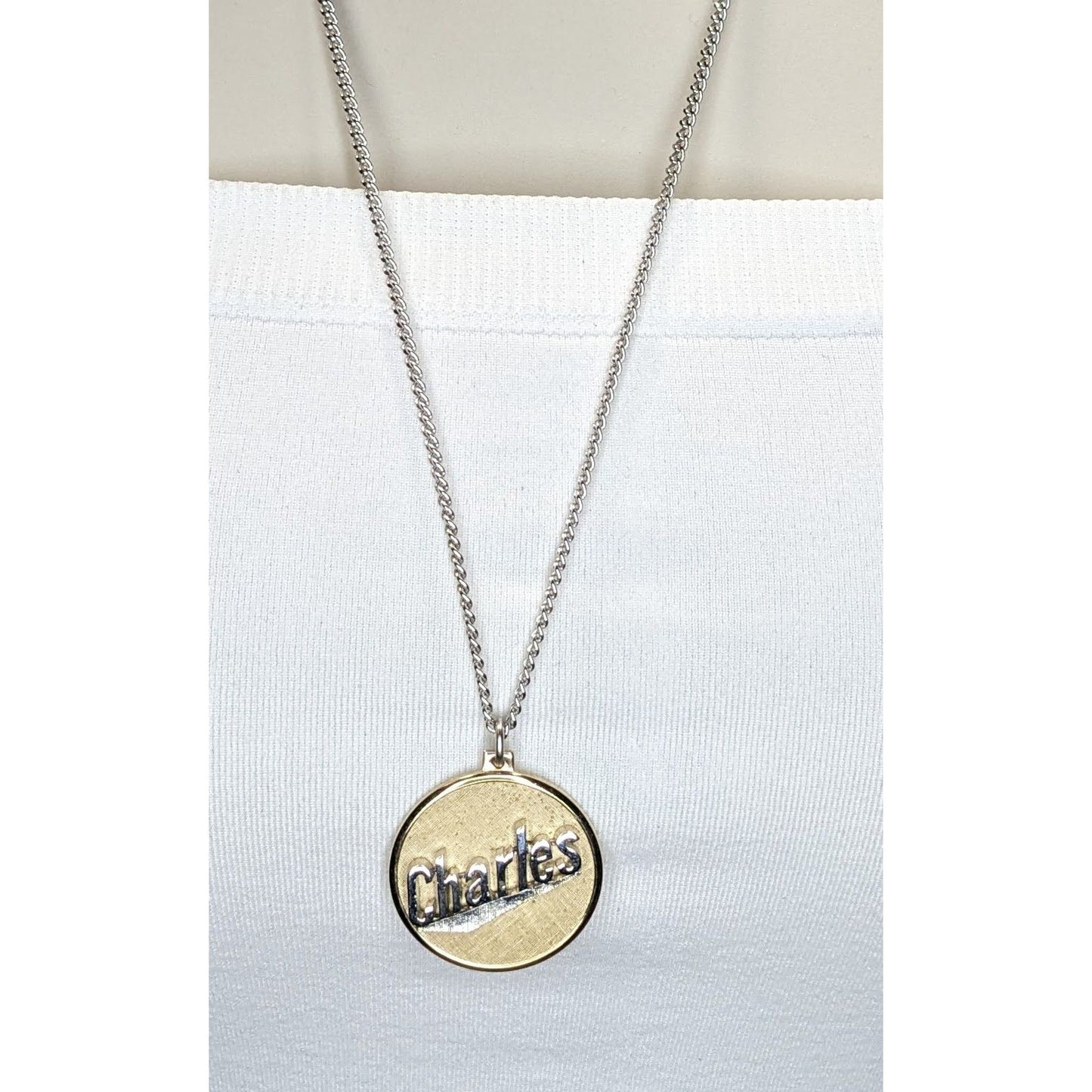 Vintage 1980s Swank Gold-Tone Nameplate Pendant Necklace "Charles" 24"