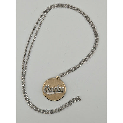 Vintage 1980s Swank Gold-Tone Nameplate Pendant Necklace "Charles" 24"
