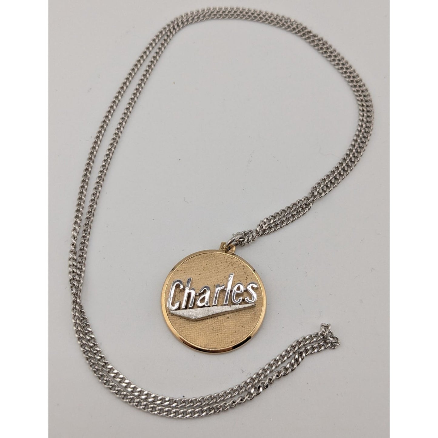 Vintage 1980s Swank Gold-Tone Nameplate Pendant Necklace "Charles" 24"