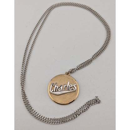 Vintage 1980s Swank Gold-Tone Nameplate Pendant Necklace "Charles" 24"