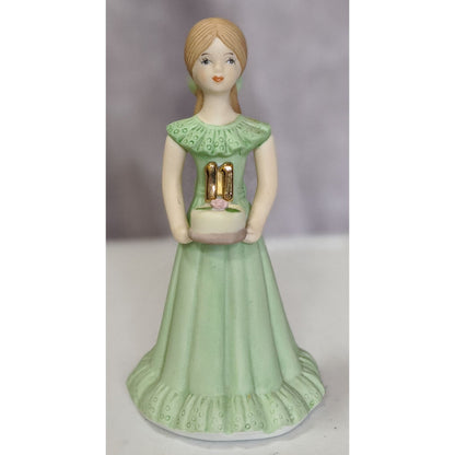 Vintage Growing Up Birthday Girls Figurine 1982 By Enesco 11th Birthday Green Dress