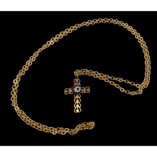 Vintage Religious Dainty Cross Necklace Gold Tone With Italian Glass Flower
