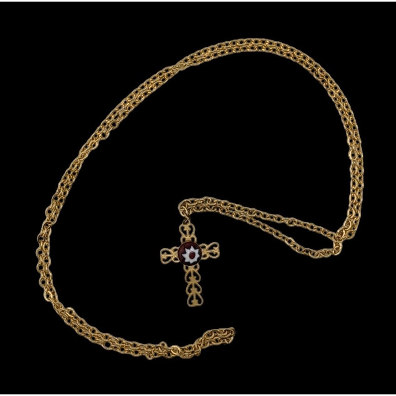 Vintage Religious Dainty Cross Necklace Gold Tone With Italian Glass Flower