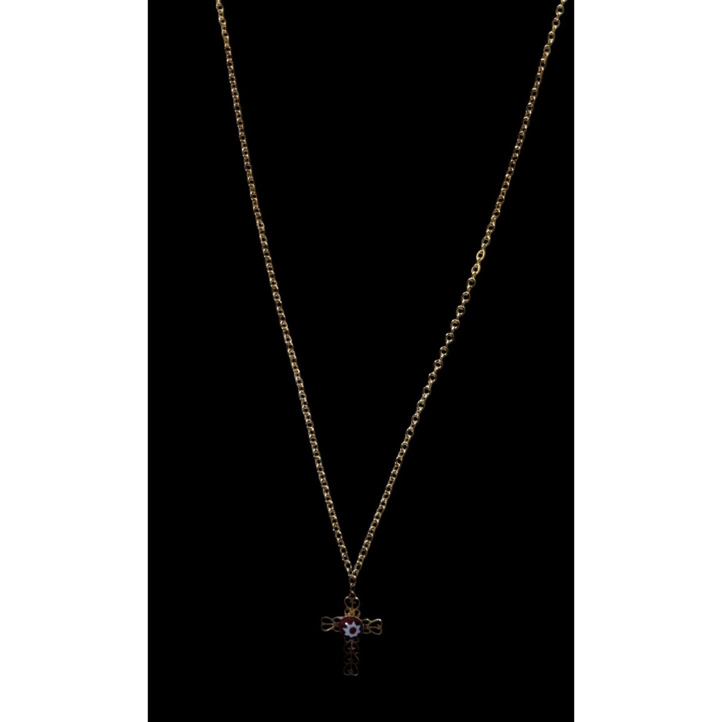 Vintage Religious Dainty Cross Necklace Gold Tone With Italian Glass Flower