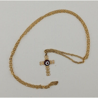 Vintage Religious Dainty Cross Necklace Gold Tone With Italian Glass Flower