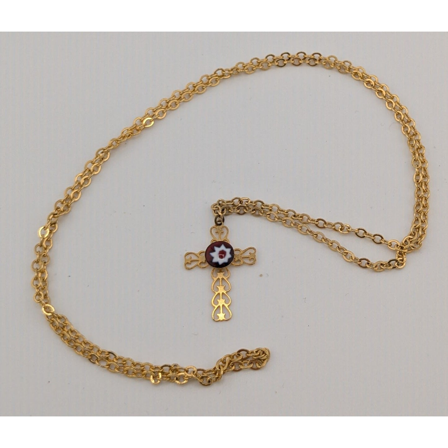 Vintage Religious Dainty Cross Necklace Gold Tone With Italian Glass Flower