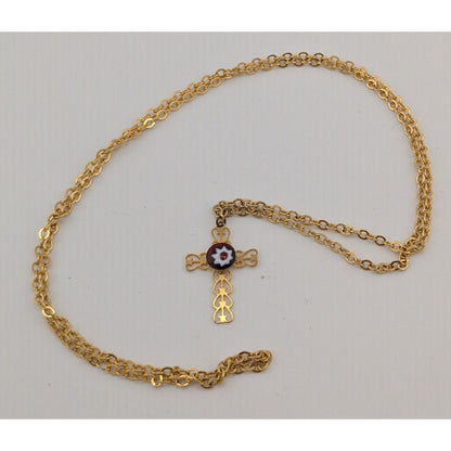 Vintage Religious Dainty Cross Necklace Gold Tone With Italian Glass Flower