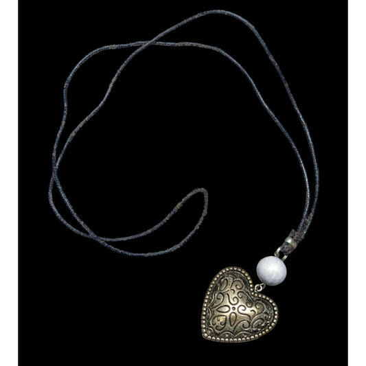 Antique Style Heart Pendant Necklace With Carved Design & Stone Bead On Dark Cord