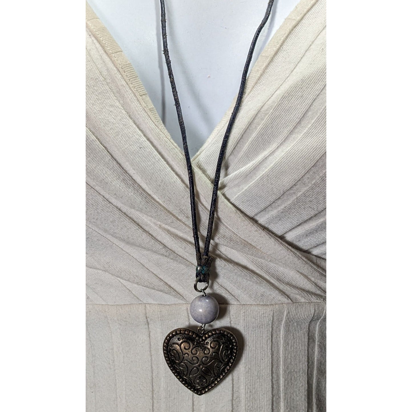 Antique Style Heart Pendant Necklace With Carved Design & Stone Bead On Dark Cord