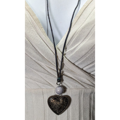 Antique Style Heart Pendant Necklace With Carved Design & Stone Bead On Dark Cord