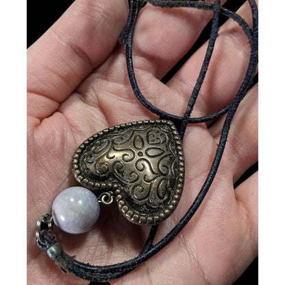 Antique Style Heart Pendant Necklace With Carved Design & Stone Bead On Dark Cord