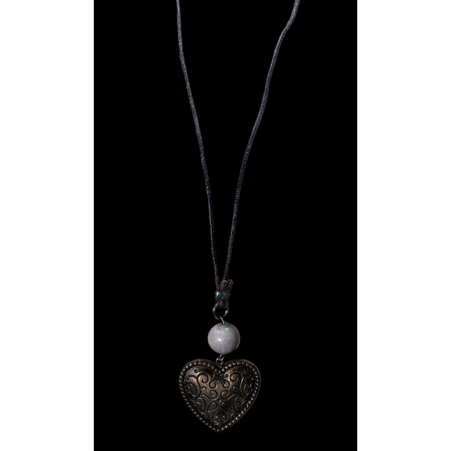 Antique Style Heart Pendant Necklace With Carved Design & Stone Bead On Dark Cord