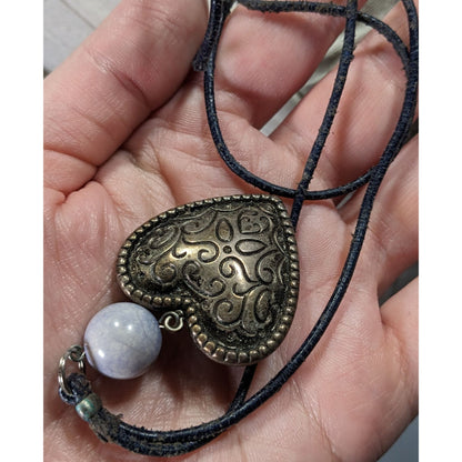 Antique Style Heart Pendant Necklace With Carved Design & Stone Bead On Dark Cord