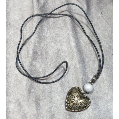 Antique Style Heart Pendant Necklace With Carved Design & Stone Bead On Dark Cord