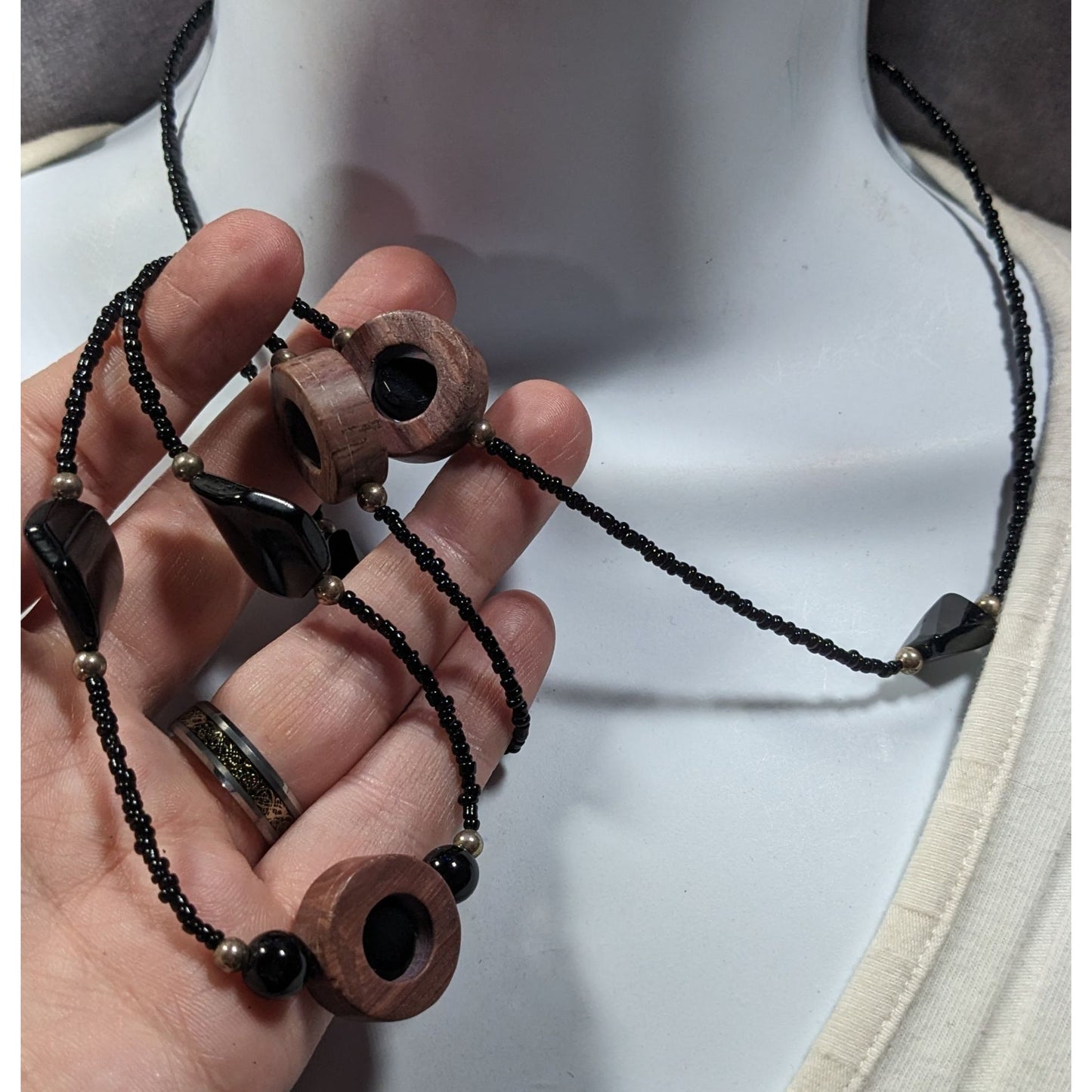 Handmade Unique Wood And Glass Beaded Necklace