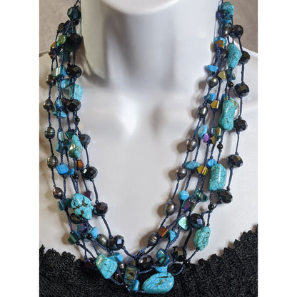 Bohemian Turquoise Pearl And Glass Multi-Strand Necklace