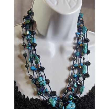Bohemian Turquoise Pearl And Glass Multi-Strand Necklace