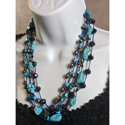 Bohemian Turquoise Pearl And Glass Multi-Strand Necklace