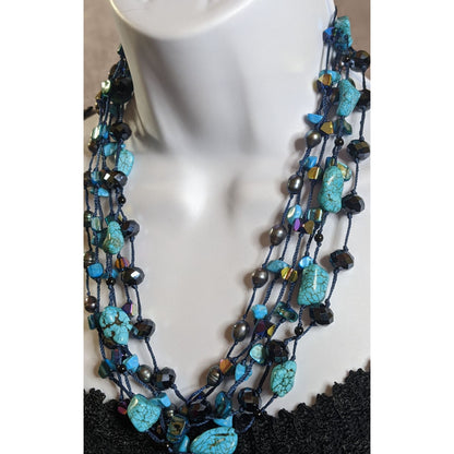 Bohemian Turquoise Pearl And Glass Multi-Strand Necklace