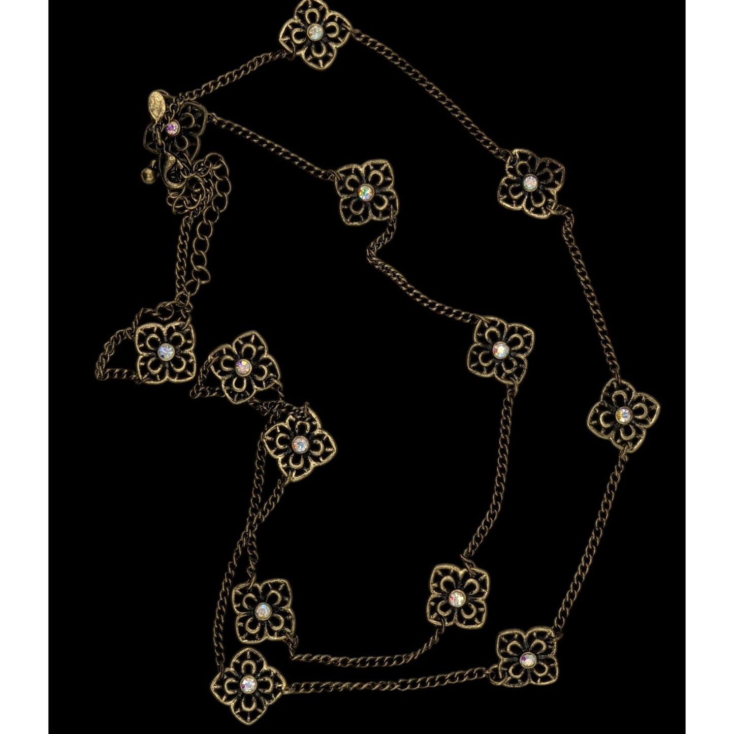 Vintage Premier Designs 35" Antique Gold-Tone Floral Necklace With Rhinestones & 4" Extender