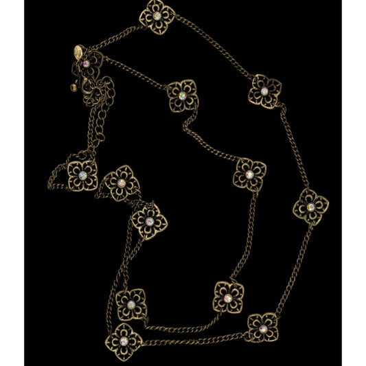 Vintage Premier Designs 35" Antique Gold-Tone Floral Necklace With Rhinestones & 4" Extender