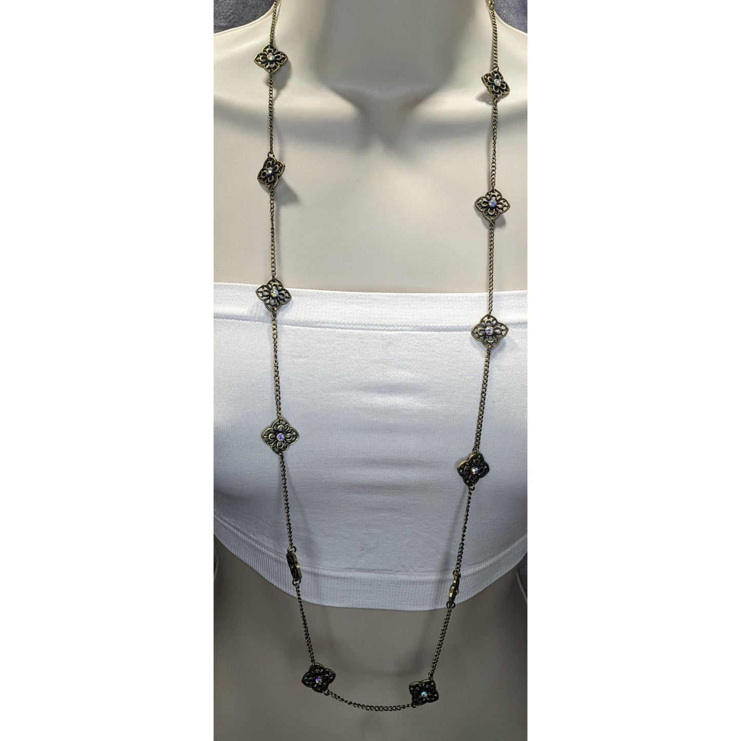 Vintage Premier Designs 35" Antique Gold-Tone Floral Necklace With Rhinestones & 4" Extender
