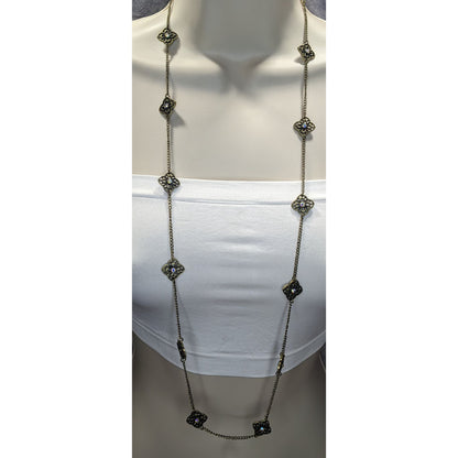 Vintage Premier Designs 35" Antique Gold-Tone Floral Necklace With Rhinestones & 4" Extender