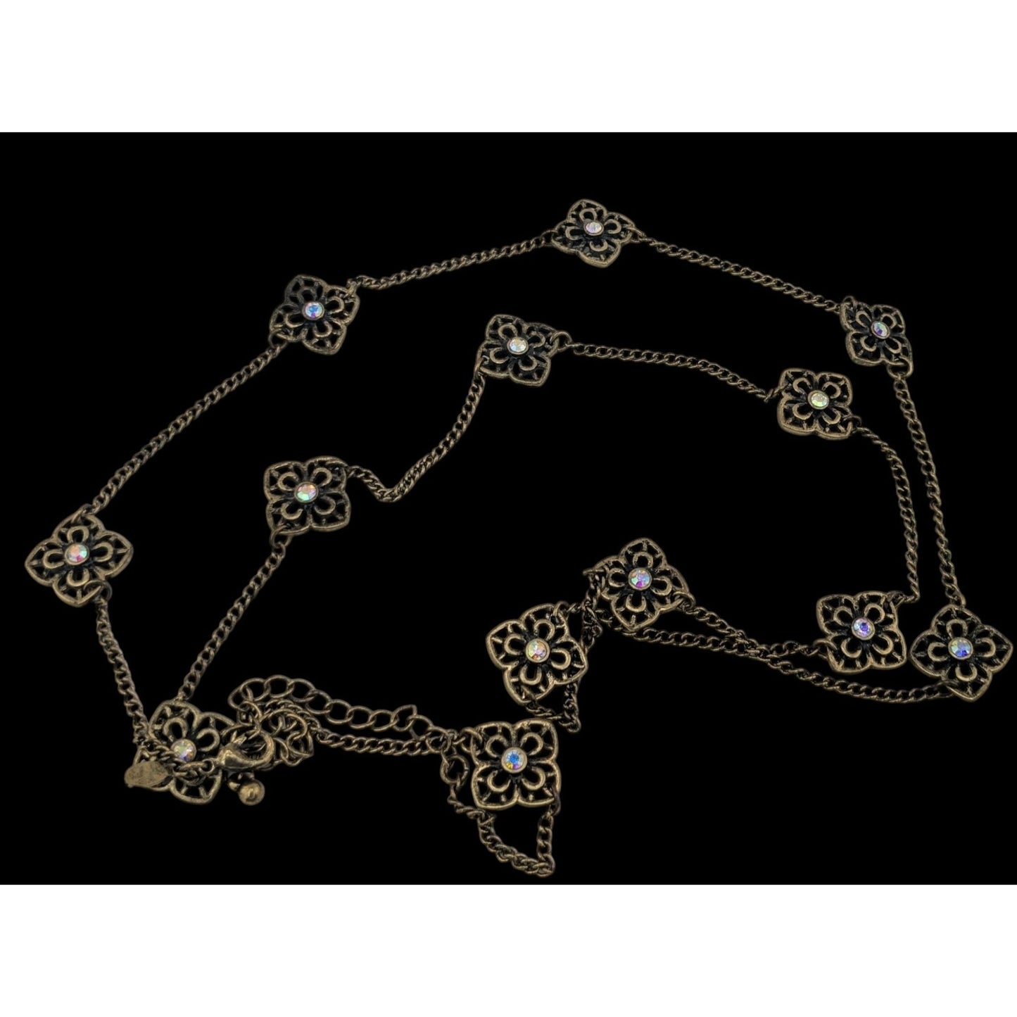 Vintage Premier Designs 35" Antique Gold-Tone Floral Necklace With Rhinestones & 4" Extender