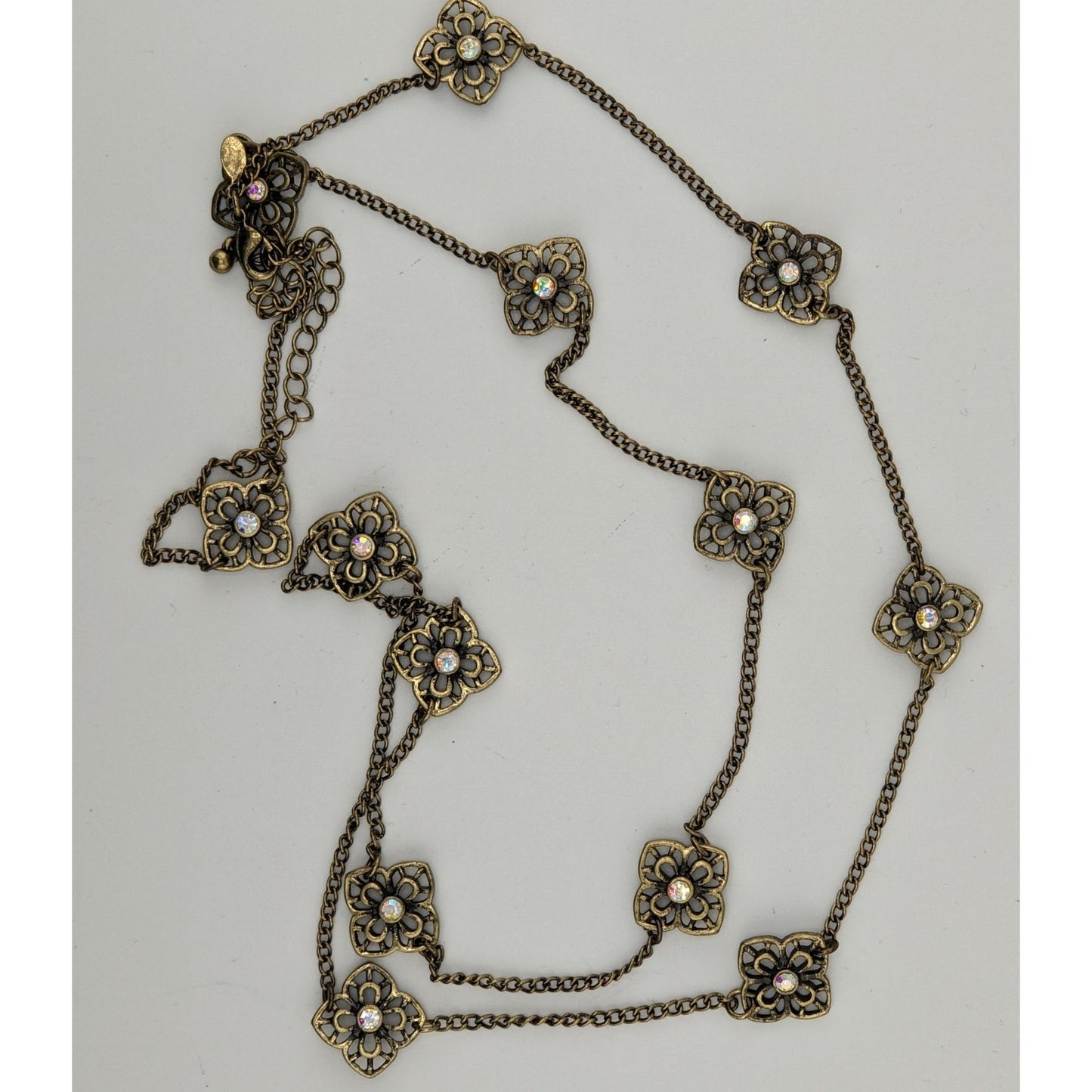 Vintage Premier Designs 35" Antique Gold-Tone Floral Necklace With Rhinestones & 4" Extender