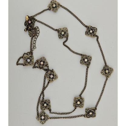 Vintage Premier Designs 35" Antique Gold-Tone Floral Necklace With Rhinestones & 4" Extender