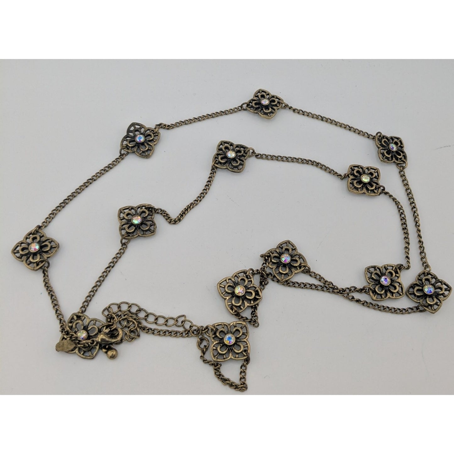 Vintage Premier Designs 35" Antique Gold-Tone Floral Necklace With Rhinestones & 4" Extender