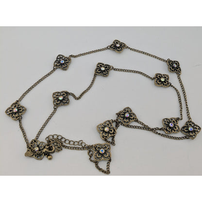 Vintage Premier Designs 35" Antique Gold-Tone Floral Necklace With Rhinestones & 4" Extender