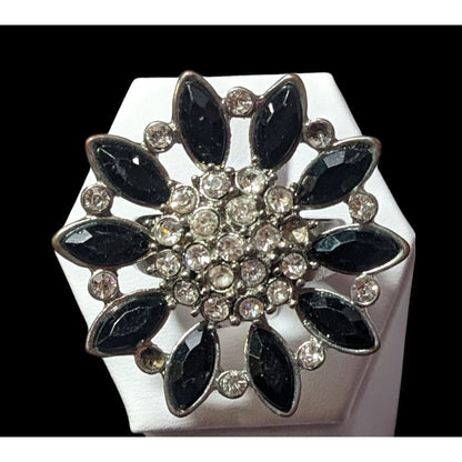 Black And Silver Tone Rhinestone Flower Ring Size 8