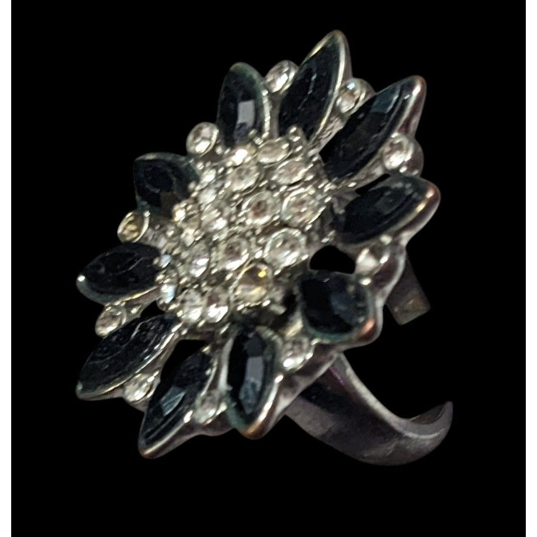 Black And Silver Tone Rhinestone Flower Ring Size 8