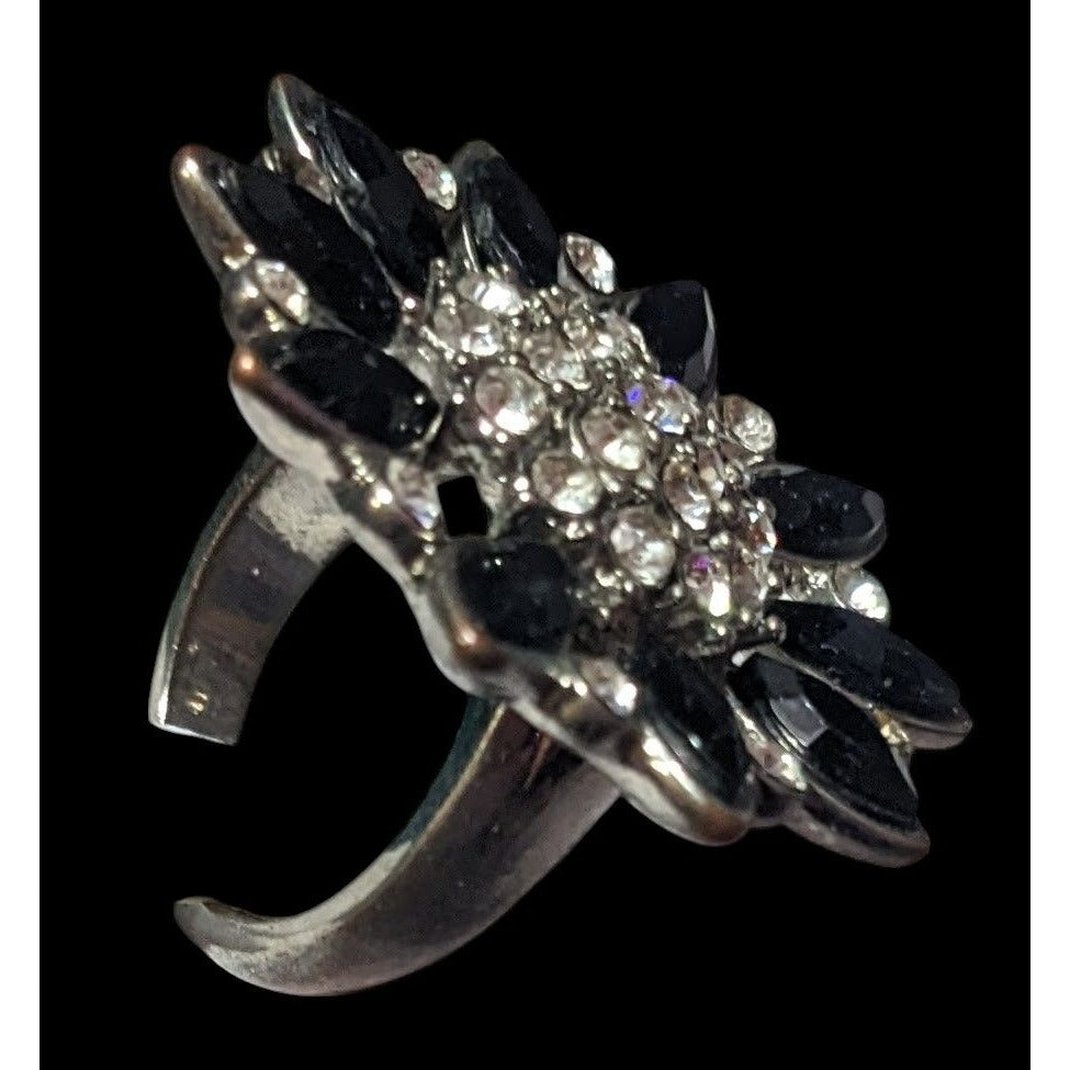 Black And Silver Tone Rhinestone Flower Ring Size 8