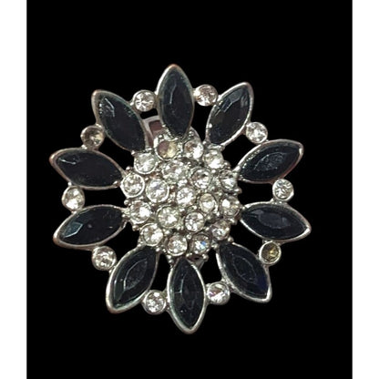 Black And Silver Tone Rhinestone Flower Ring Size 8