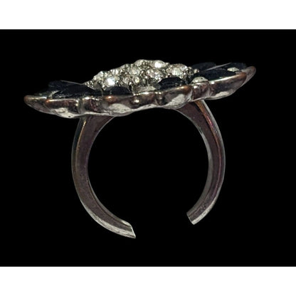 Black And Silver Tone Rhinestone Flower Ring Size 8