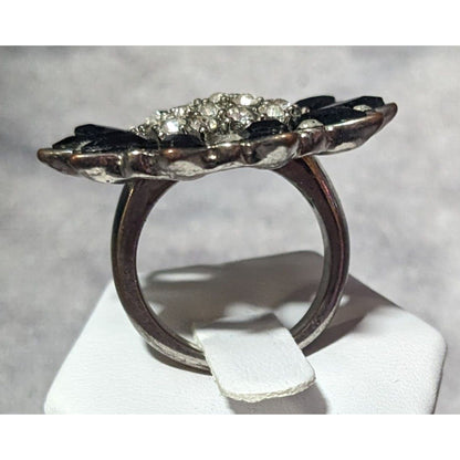 Black And Silver Tone Rhinestone Flower Ring Size 8